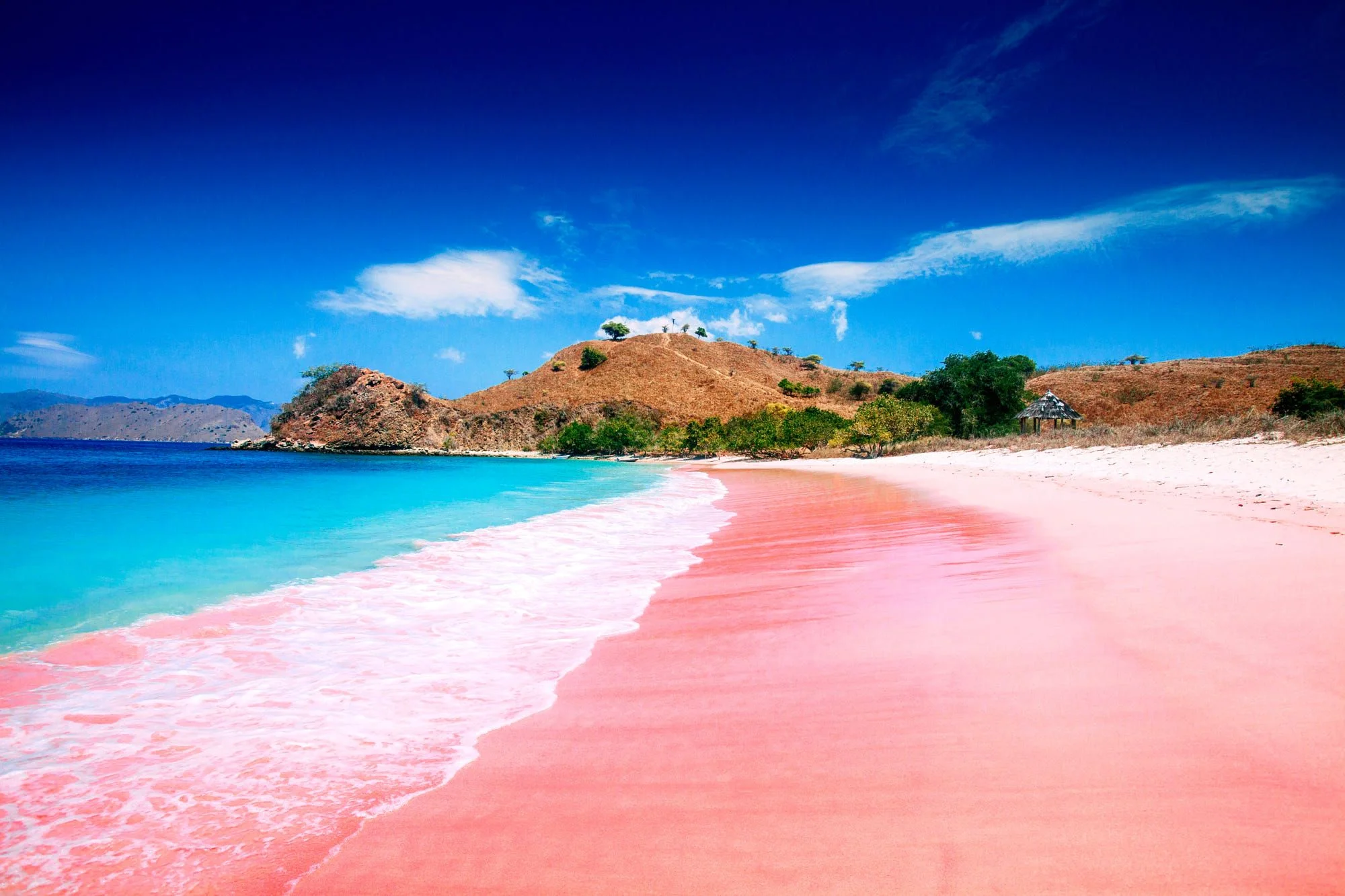 Pink Beach Lombok with soft pink sand and calm turquoise water