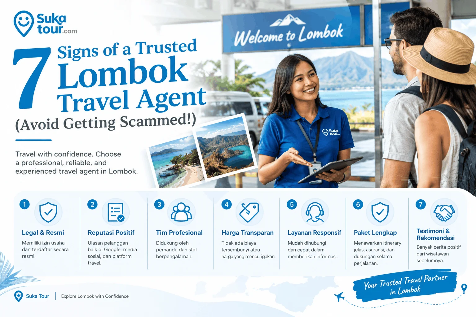 Signs of a trusted Lombok travel agent: friendly tour guide welcoming a family
